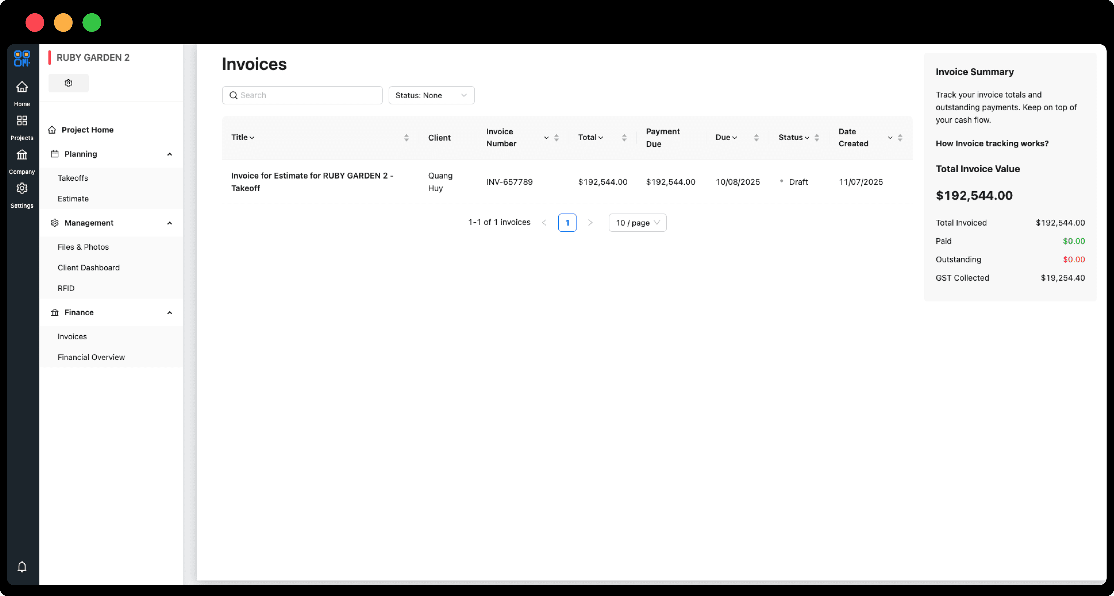 QRRise invoice list with an invoice summary