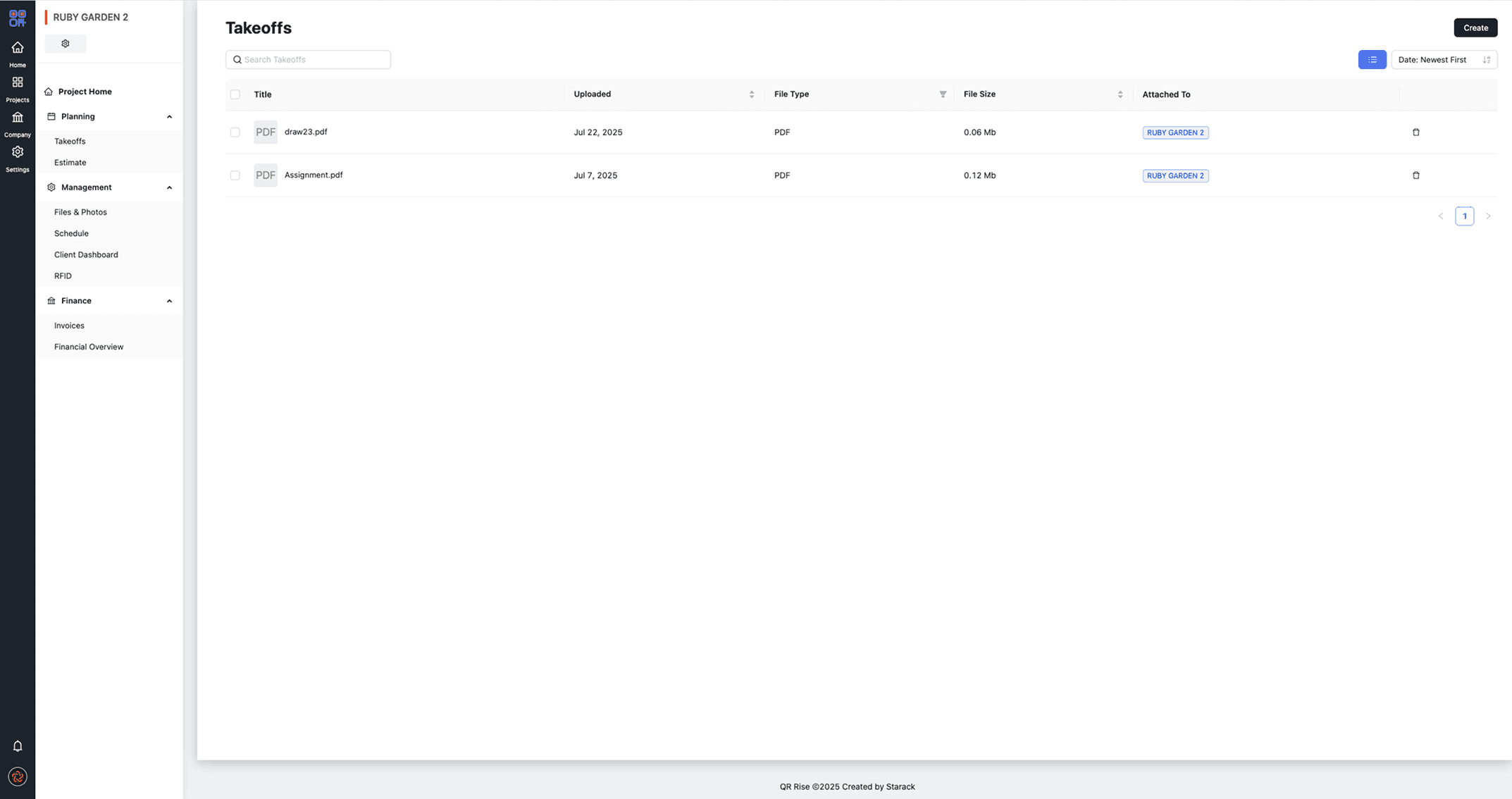 QRRise takeoff list inside a project